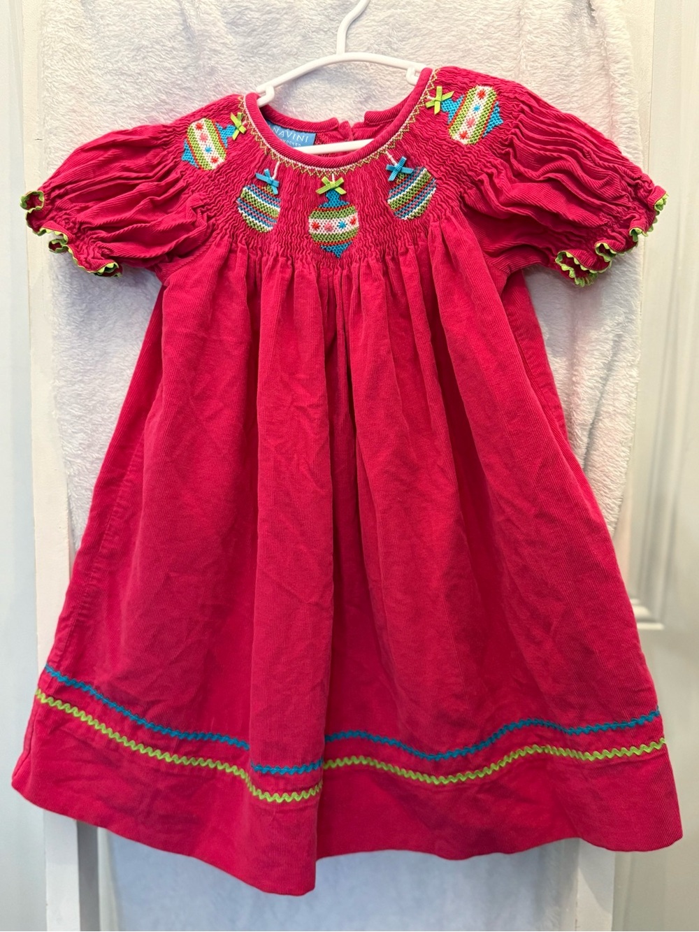 Anavini Girls Pink Corduroy Smocked Holiday Dress with Embroidered Ornaments 2T
